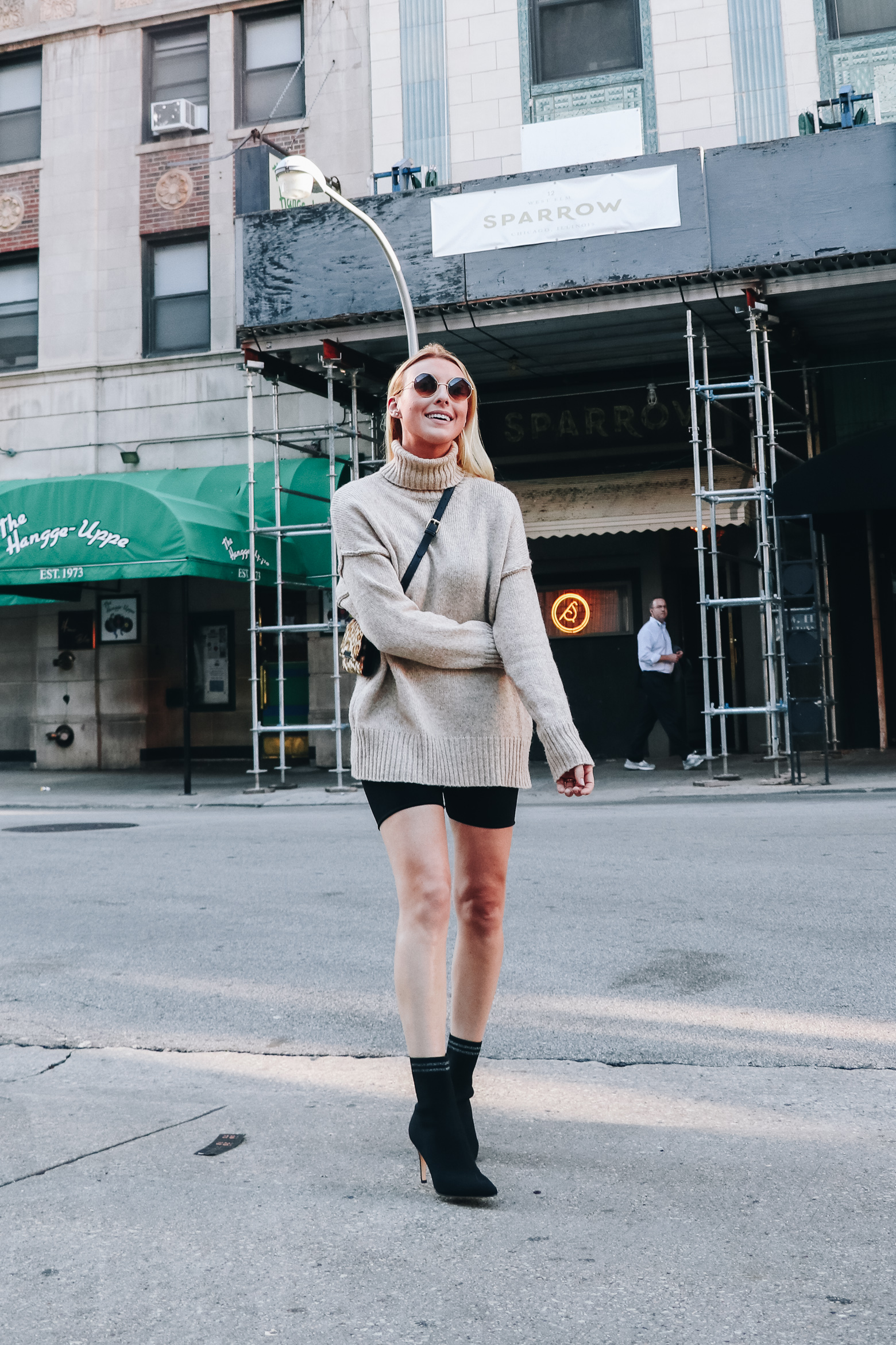 sweater and biker shorts